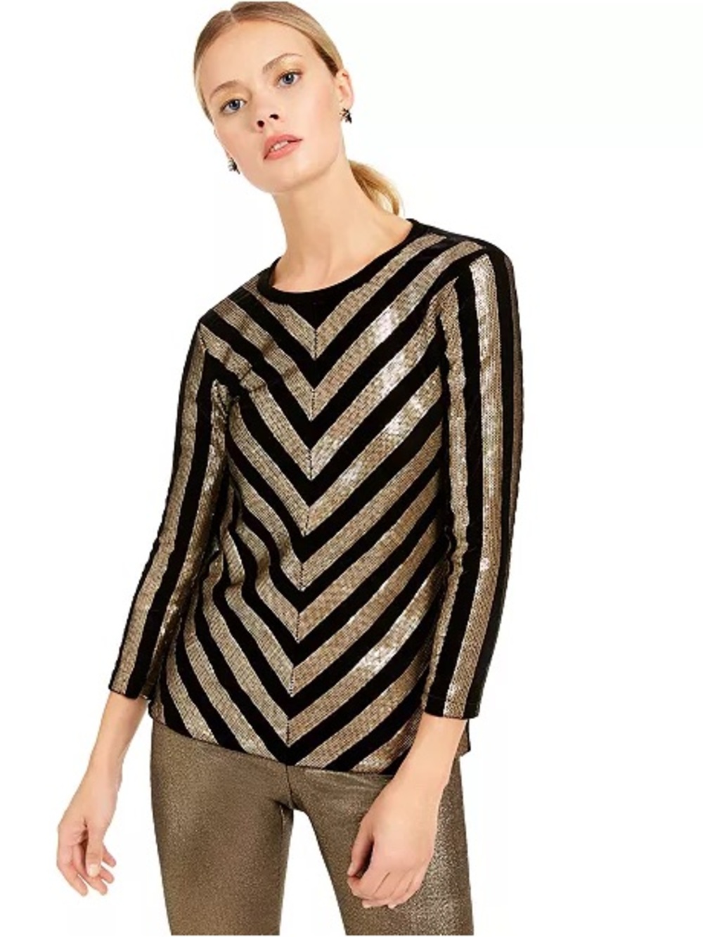 INC International Concepts Velvet Sequined Chevron Top Black and Gold